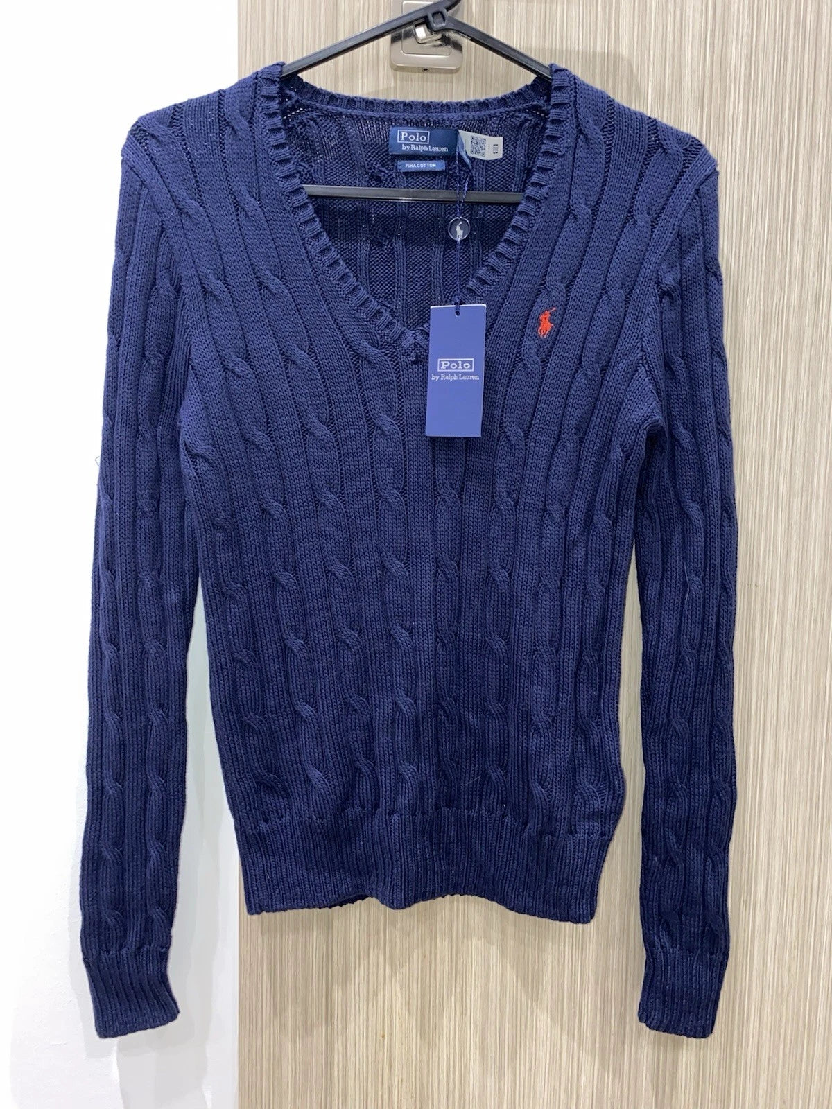 Polo Ralph Lauren Cable-Knit V-Neck Sweater – Navy/Red (Size S)