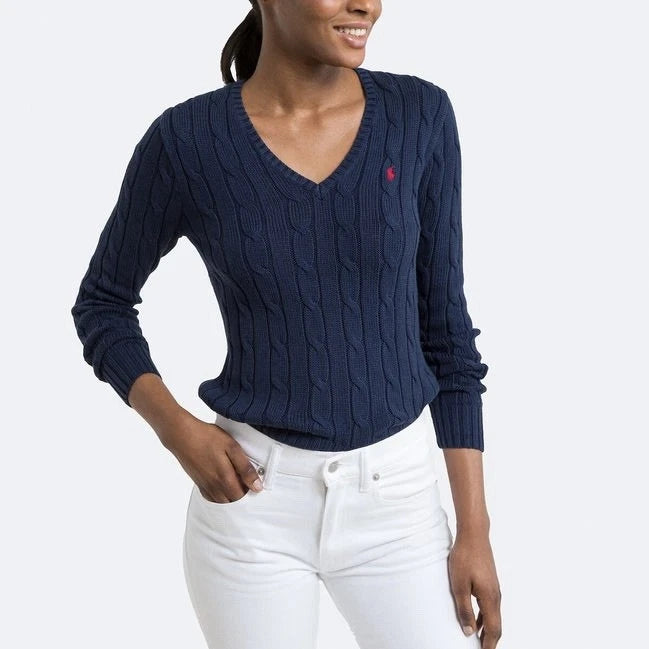 Polo Ralph Lauren Cable-Knit V-Neck Sweater – Navy/Red (Size S)