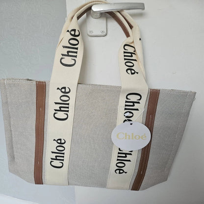 Chloé Woody Large Tote Bag – Beige Canvas with Brown Trim