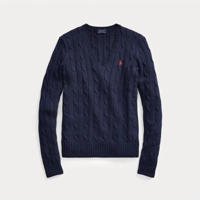 Polo Ralph Lauren Cable-Knit V-Neck Sweater – Navy/Red (Size S)
