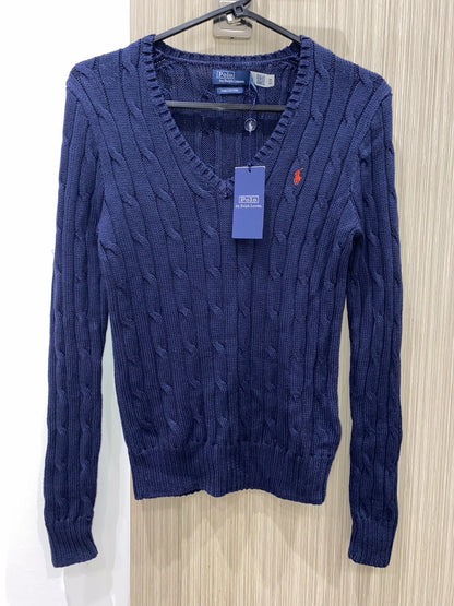 Polo Ralph Lauren Cable-Knit V-Neck Sweater – Navy/Red (Size S)