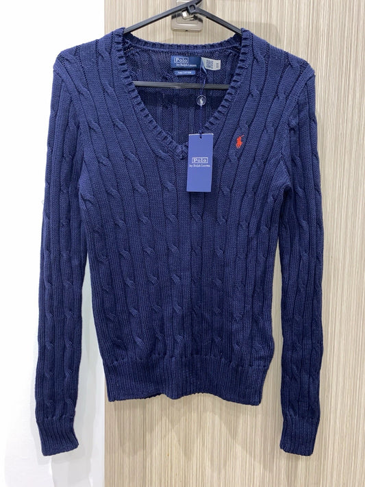 Polo Ralph Lauren Cable-Knit V-Neck Sweater – Navy/Red (Size S)