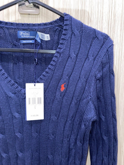 Polo Ralph Lauren Cable-Knit V-Neck Sweater – Navy/Red (Size S)